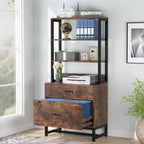 Home Office Lockable 2 Drawer Filing Cabinet Bookshelf in Brown Wood Finish