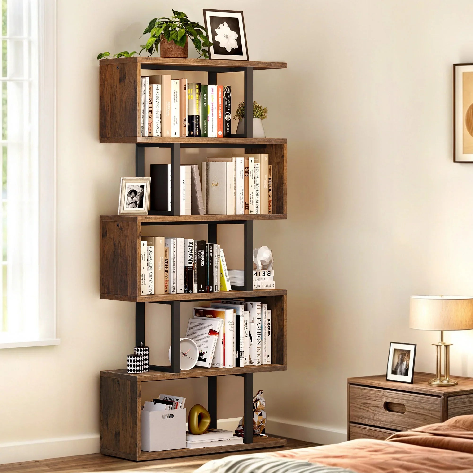 Homshop 6- Tier Geometric Bookcase Modern S- Shaped Bookshelf Storage Display Living Room House Of Avana