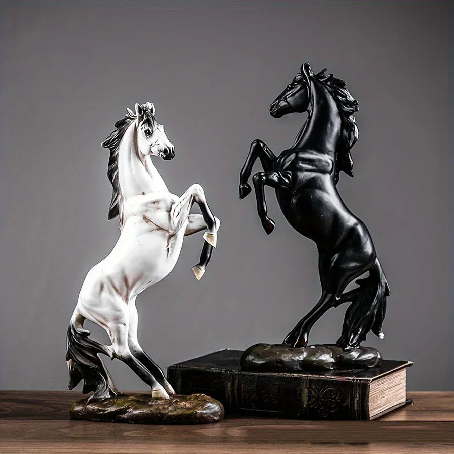 Majestic Black & White Horse Figurines - Exquisite Craftsmanship For Home Decor - Striking Standing Sculptures, Perfect For Desks, Bars & Wine Cabinets - House Of Avana