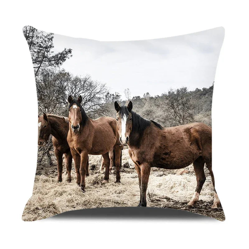 Horse print pillowcase, beige linen cushion cover, farm animal design - House of Avana