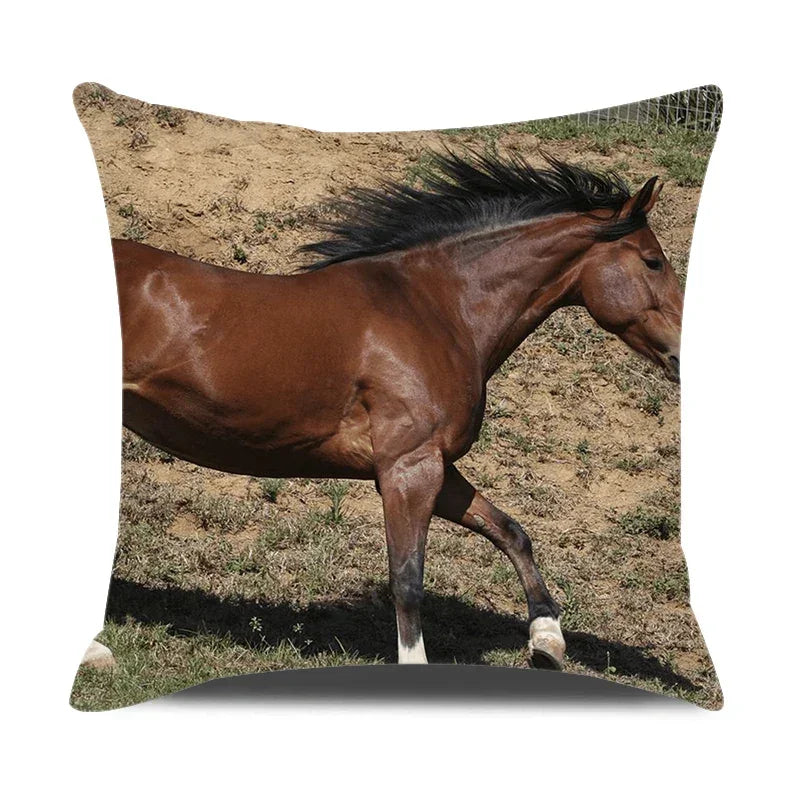 Horse print pillowcase, beige linen cushion cover, farm animal design - House of Avana