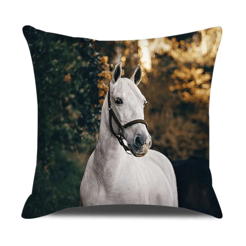 Horse print pillowcase, beige linen cushion cover, farm animal design - House of Avana