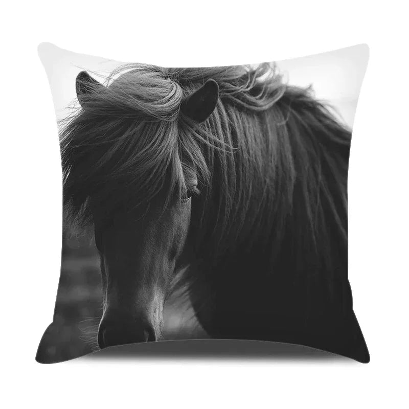 Horse print pillowcase, beige linen cushion cover, farm animal design - House of Avana