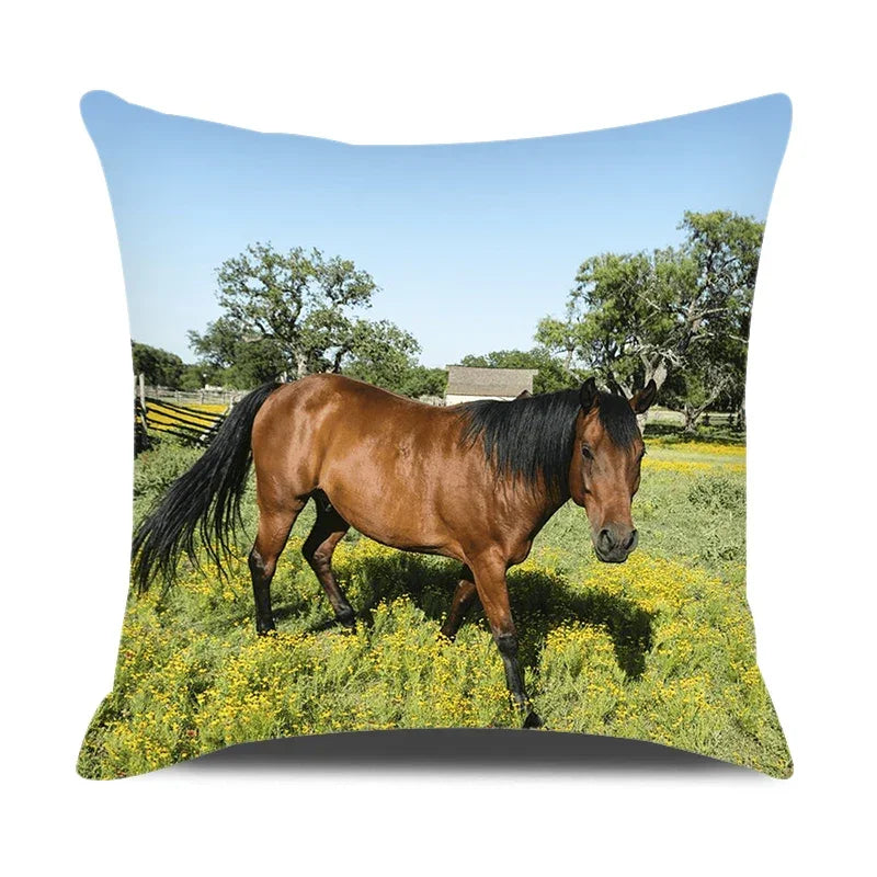 Horse print pillowcase, beige linen cushion cover, farm animal design - House of Avana