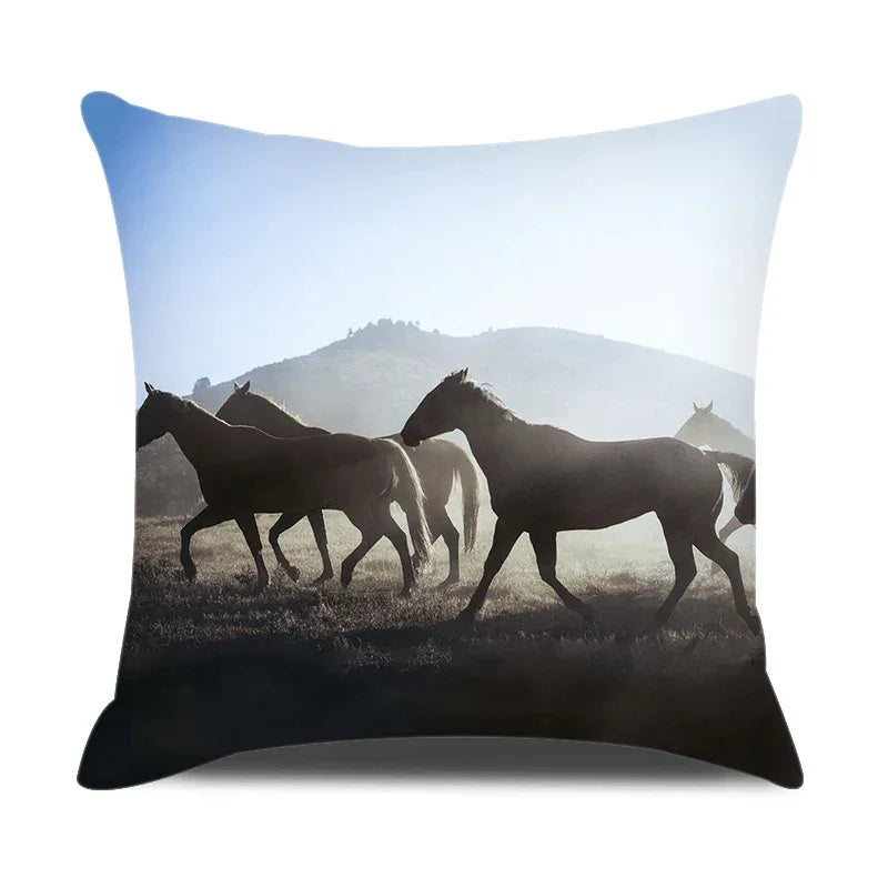 Horse print pillowcase, beige linen cushion cover, farm animal design - House of Avana