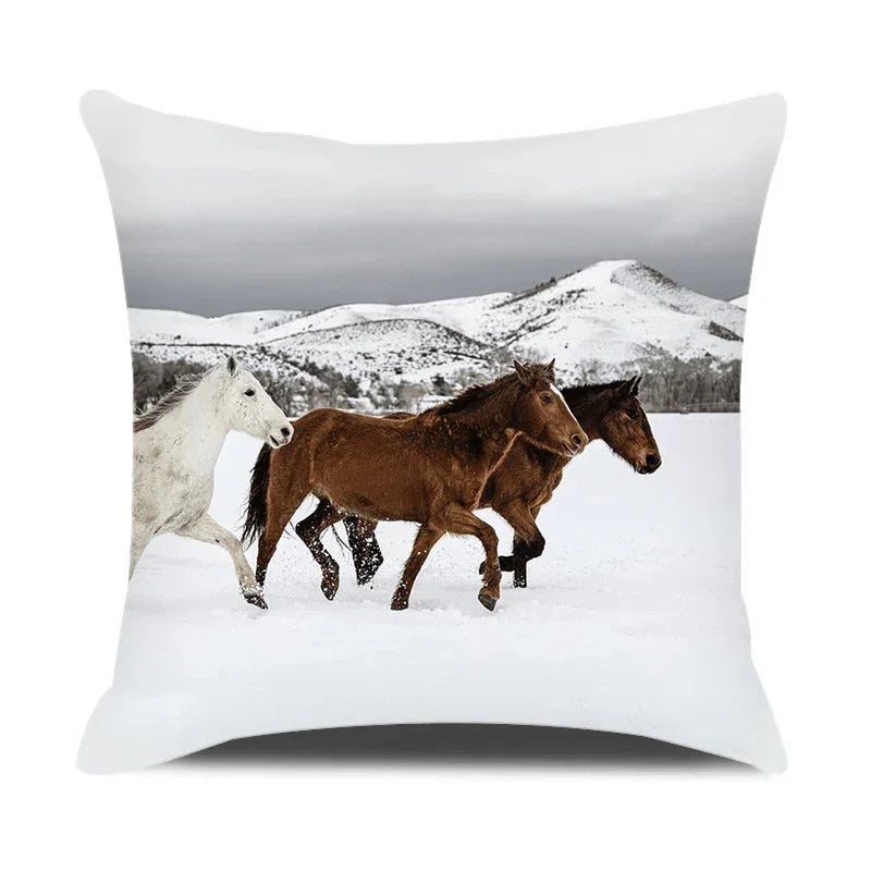 Horse print pillowcase, beige linen cushion cover, farm animal design - House of Avana