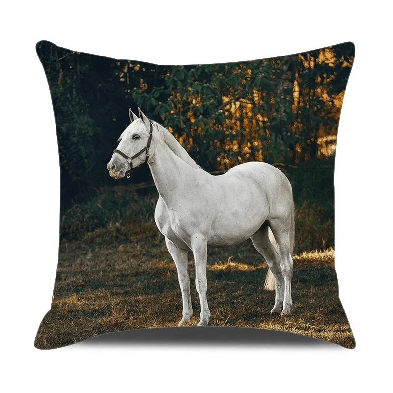 Horse print pillowcase, beige linen cushion cover, farm animal design - House of Avana