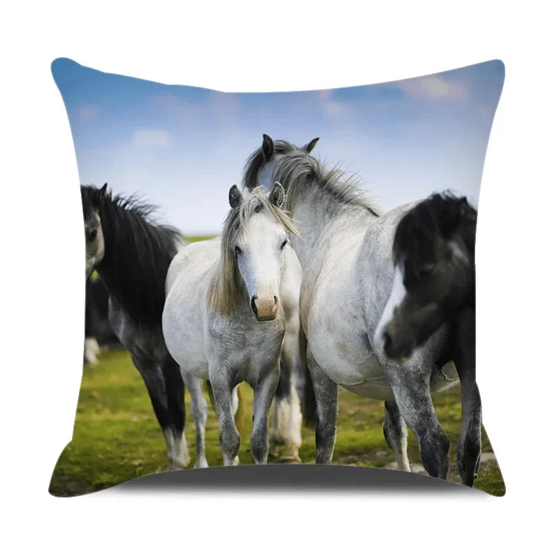 Horse print pillowcase, beige linen cushion cover, farm animal design - House of Avana