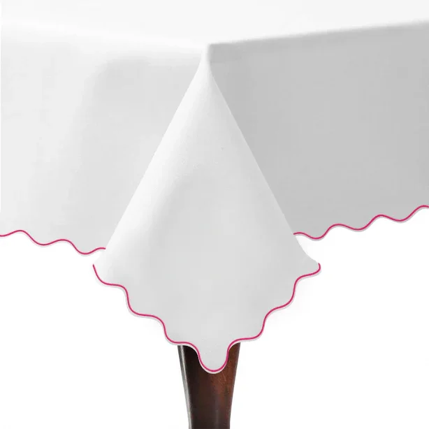 Scallop Embroidery Sateen Poly Cotton Solid Table Cloth PushpLinen