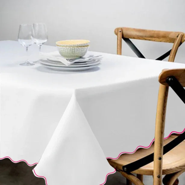 Scallop Embroidery Sateen Poly Cotton Solid Table Cloth PushpLinen