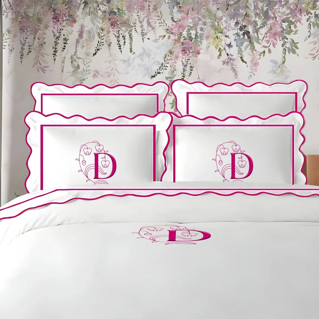 Monogram 400TC Cotton Scallop Embroidery & Border Sateen Solid Duvet Cover Set PushpLinen