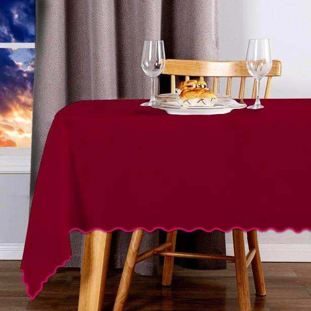 Scallop Embroidery Sateen Cotton Solid Table Cloth - Burgundy PushpLinen