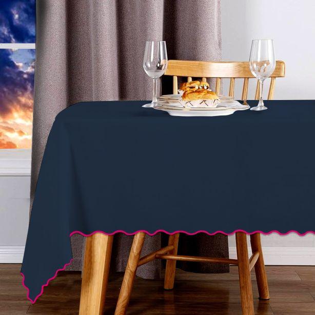 Scallop Embroidery Sateen Cotton Solid Table Cloth - Navy PushpLinen