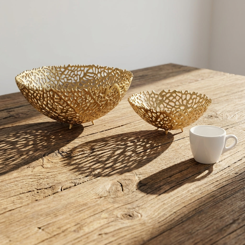 Two decorative gold bowls on a wooden surface with a white mug.