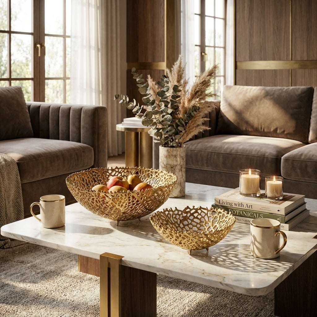Living room with a marble coffee table, decorative bowls, and candles. [[SKU:HOA-MOR-KIT-027]]