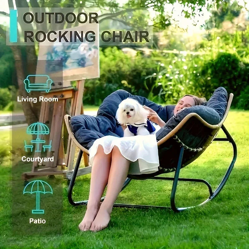 Brown rattan outdoor sofa with beige weather-resistant cushions - House of Avana