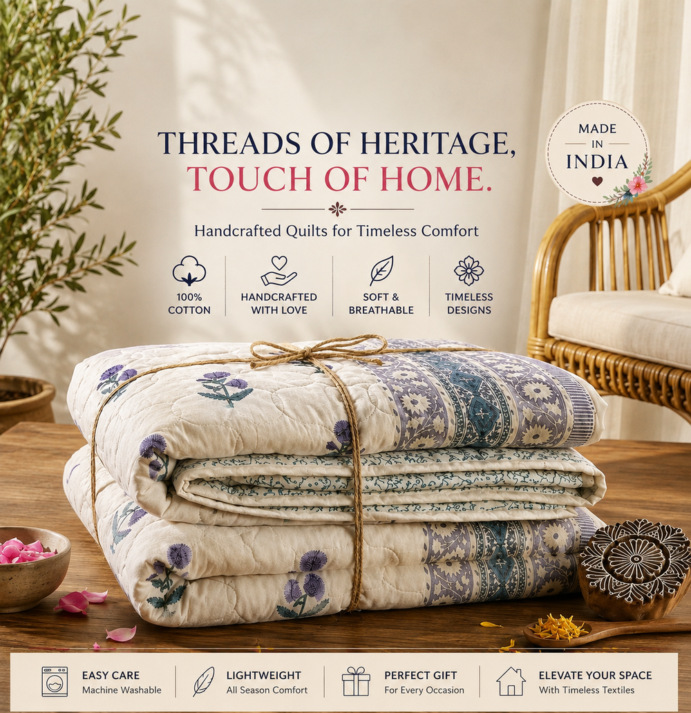 House of Avana handcrafted Indian hand block print cotton quilt displayed in a modern bedroom, featuring breathable all-season comfort and timeless floral design.