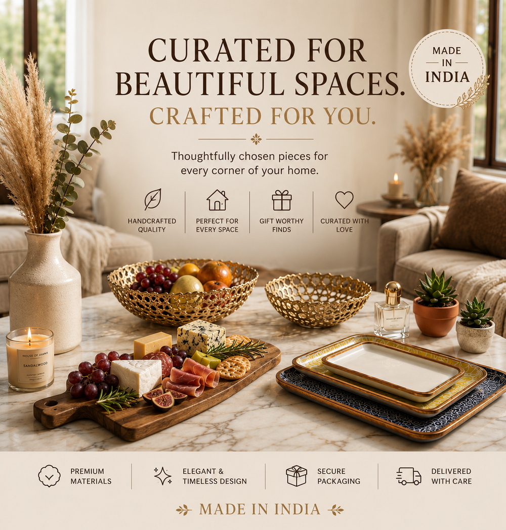 House of Avana premium home décor collection featuring handcrafted mango wood serving boards, metal fruit baskets, decorative trays, and artisanal accessories, proudly made in India.