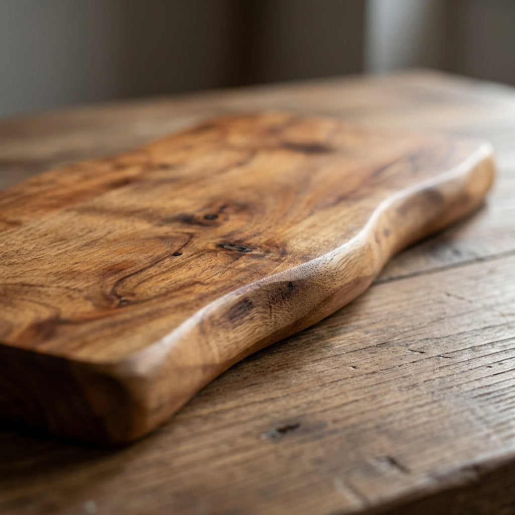 Wooden cutting board on a rustic wooden surface