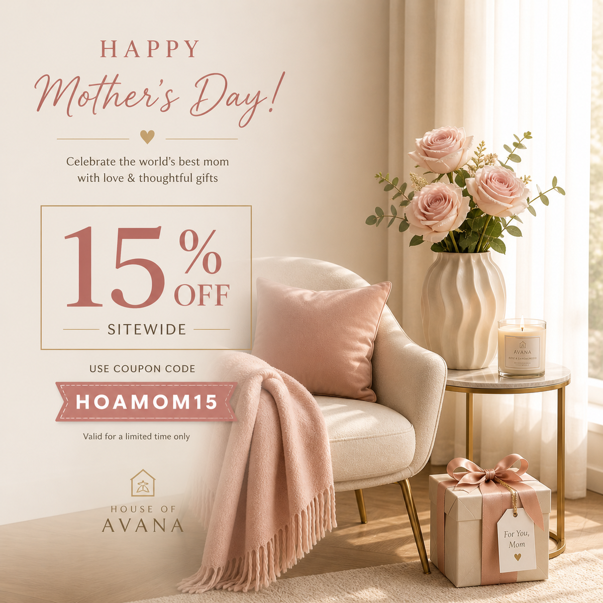 Minimalist Mother’s Day living room scene with blush pink decor, roses, candle and gift box with 15% off coupon HOAMOM15 by House of Avana.