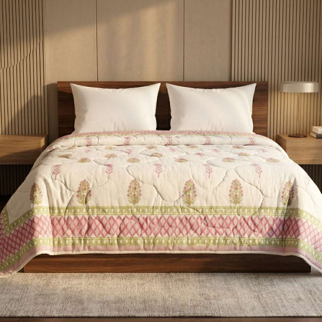 Cream & Rose Pink Jaipur Indian hand block print floral quilted comforter | Jaipur Indian hand block print cotton muslin quilted comforter | Sanganer floral block print bedding | Queen King size quilt India | House of Avana [[SKU:HOA-COM-PKSG-001]]