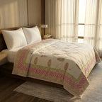 Cream & Rose Pink Jaipur Indian hand block print floral quilted comforter | hand block printed muslin cotton quilt Jaipur India | Indian handicraft bedding | Sanganer floral comforter Queen King | artisan block print | House of Avana