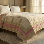 Cream & Rose Pink Jaipur Indian hand block print floral quilted comforter | Indian handicraft Jaipur hand block print cotton muslin comforter | floral quilted bedspread Sanganer | block print Queen King bedding India | House of Avana