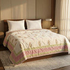 Cream & Rose Pink Jaipur Indian hand block print floral quilted comforter | Jaipur Indian block print cotton muslin quilted comforter | Sanganer hand block print floral bedding | quilt Queen King size India handicraft | House of Avana