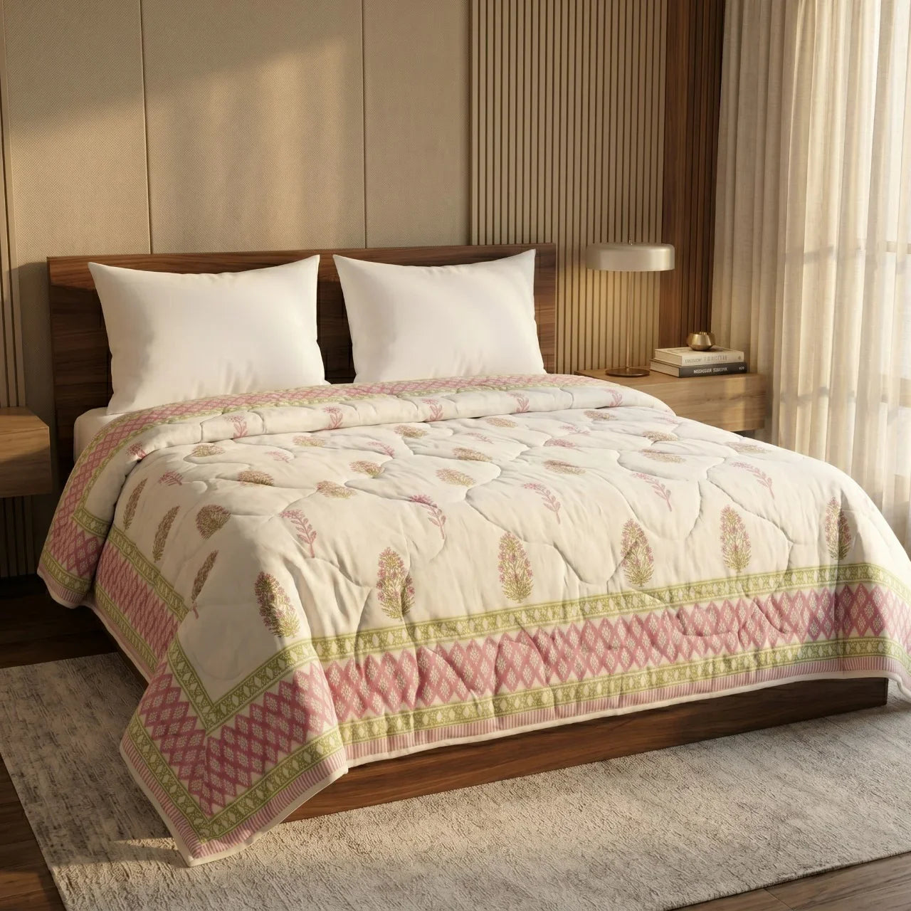 Cream & Rose Pink Jaipur Indian hand block print floral quilted comforter | Jaipur Indian block print cotton muslin quilted comforter | Sanganer hand block print floral bedding | quilt Queen King size India handicraft | House of Avana