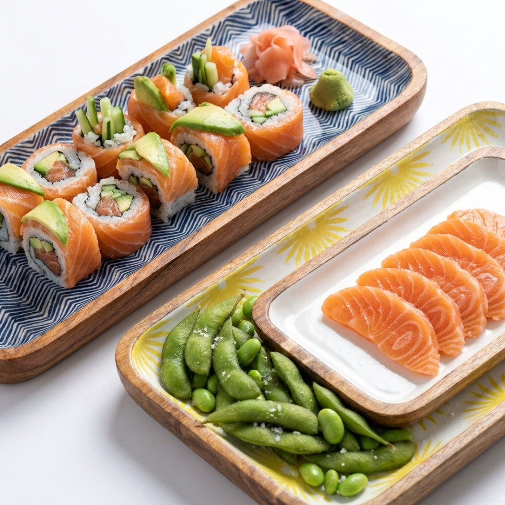 Two handmade enamel painted mango wood trays