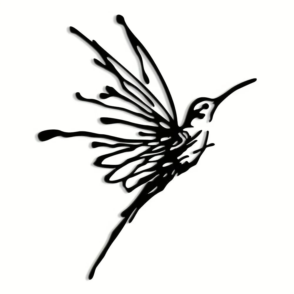 Vibrant ink hummingbird wall art, black and blue design, delicate wings - House of Avana