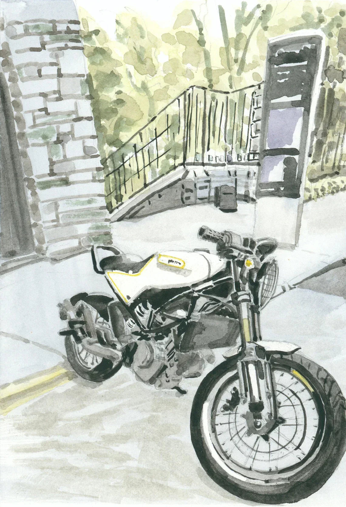 Husqvarna Motorcycle Painting, 5x7 Watercolor Print, Washington Heights, Classic Bikes, front view - House Of Avana