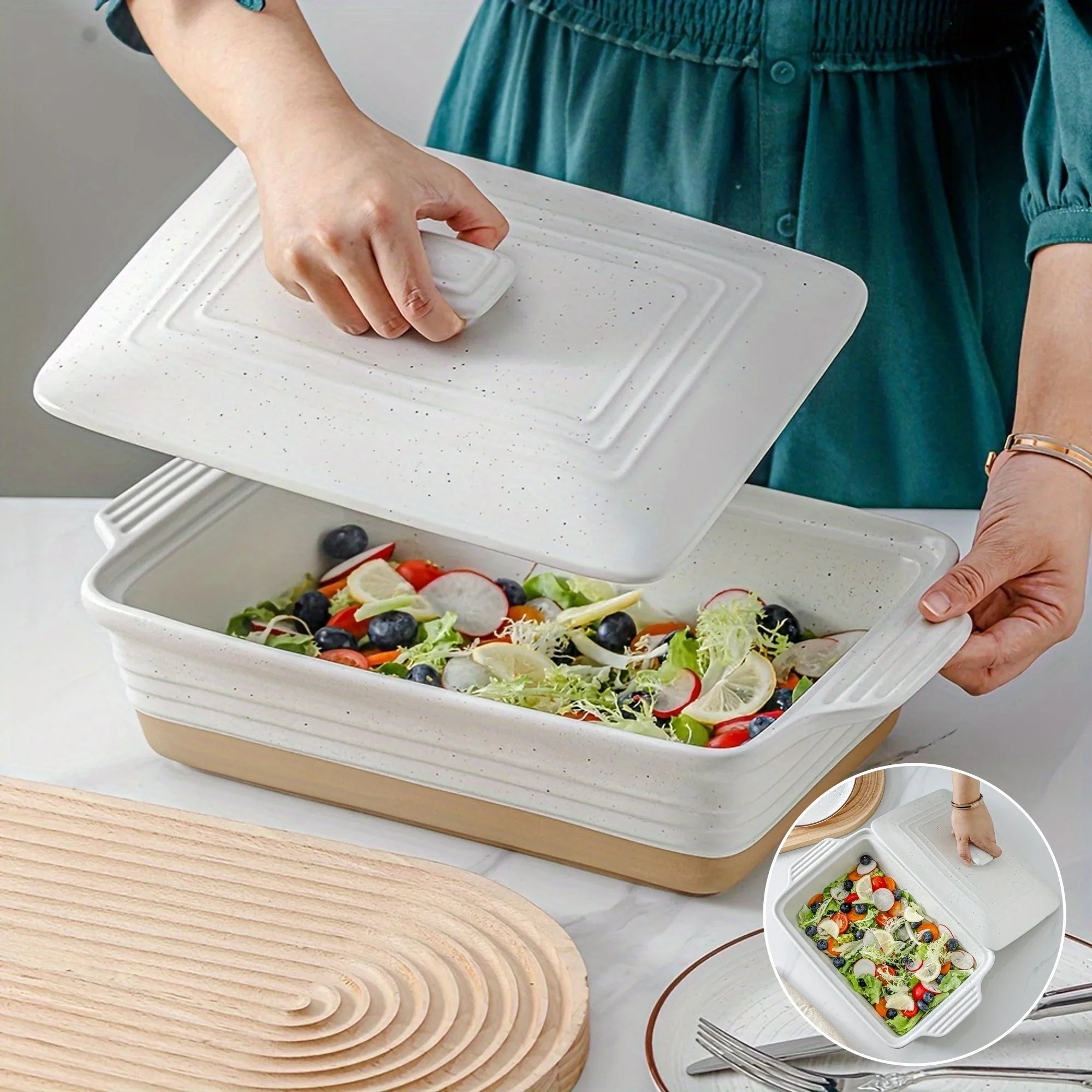 HVH 13x9 ceramic casserole dish with lid featuring a white speckled finish and tan base.