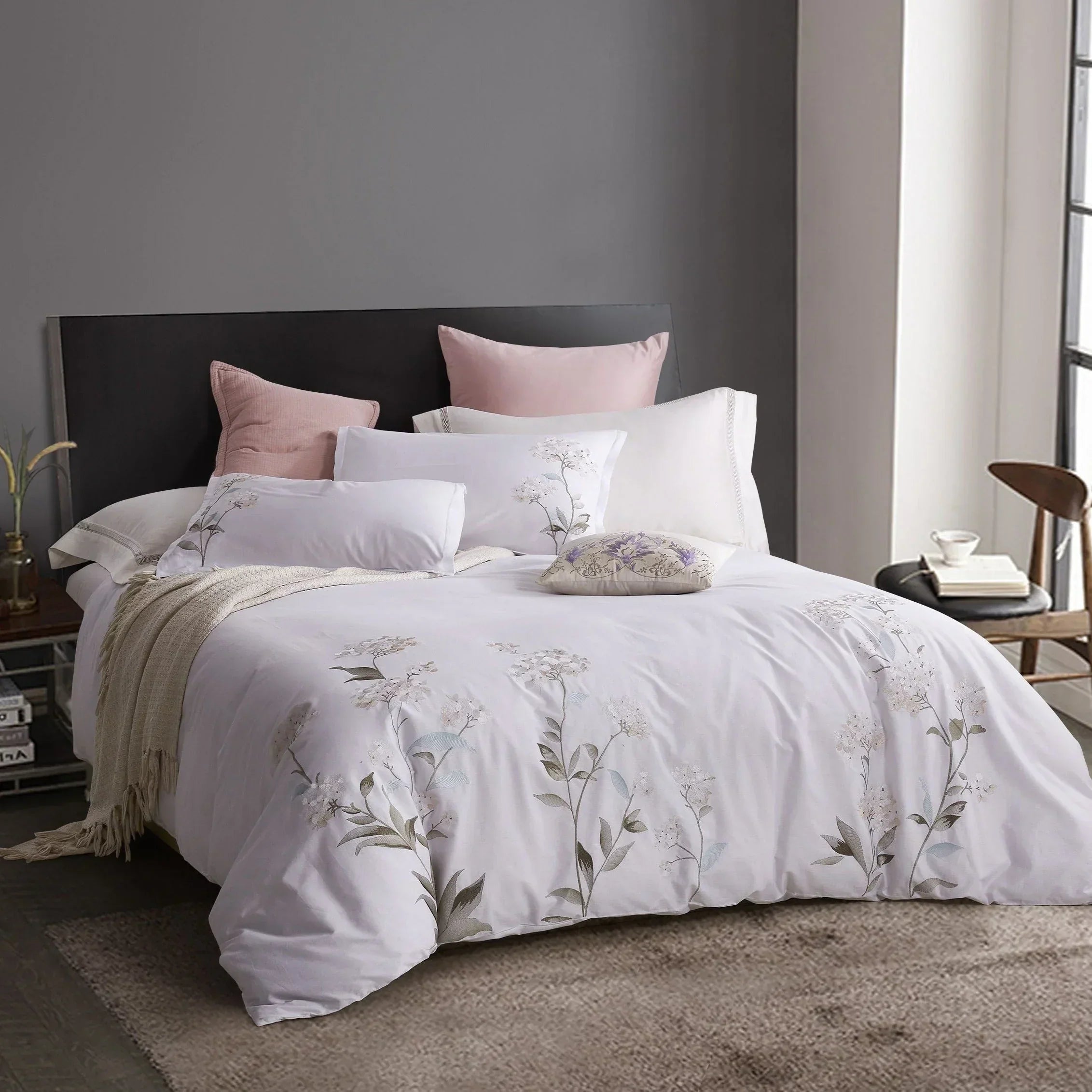 Hydrangea 100% Cotton Embroidered Duvet Cover Set Mélange Home