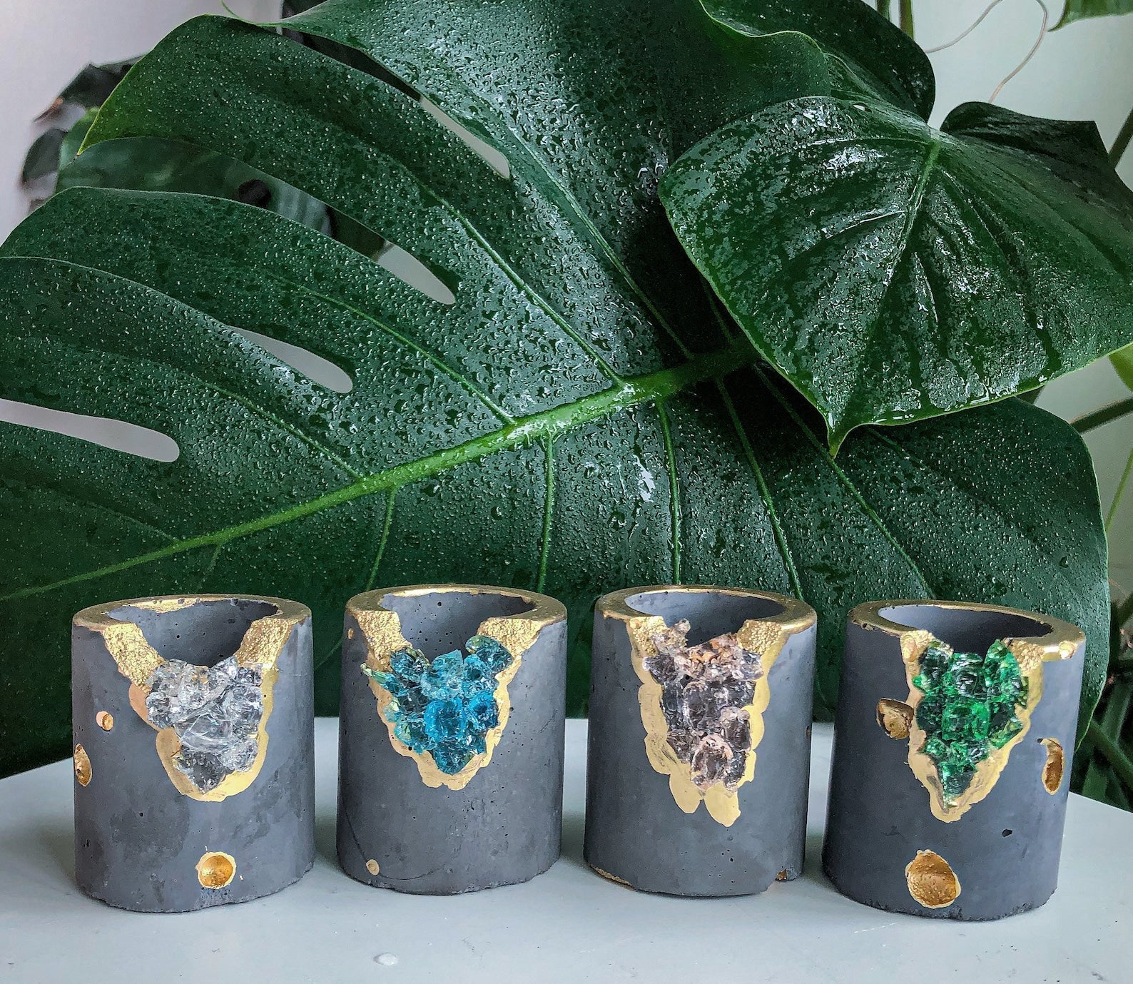 Set of 4 Small Crystal Air Plant Holders - Taper Candle Holders AURA 8 HOME