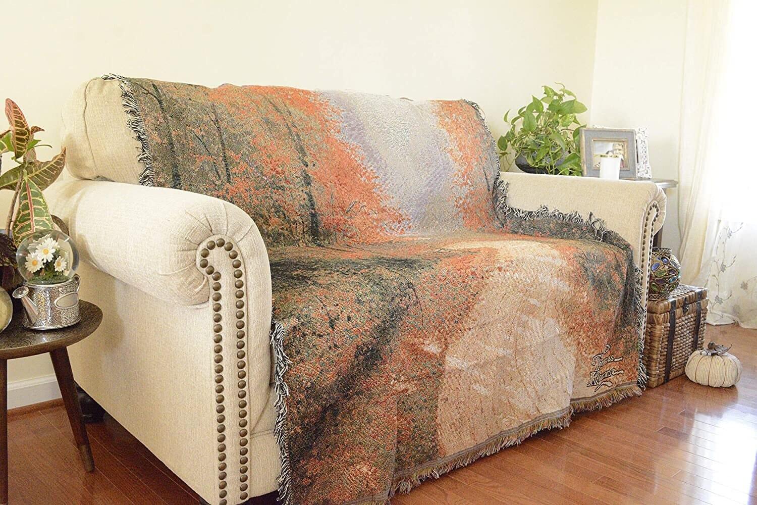 Autumn Authentic Tapestry Throw Blanket - Decorative Orange Fall Leaves Forest Woven Stitched Design - 50" x 60" DaDalogy Bedding Collection