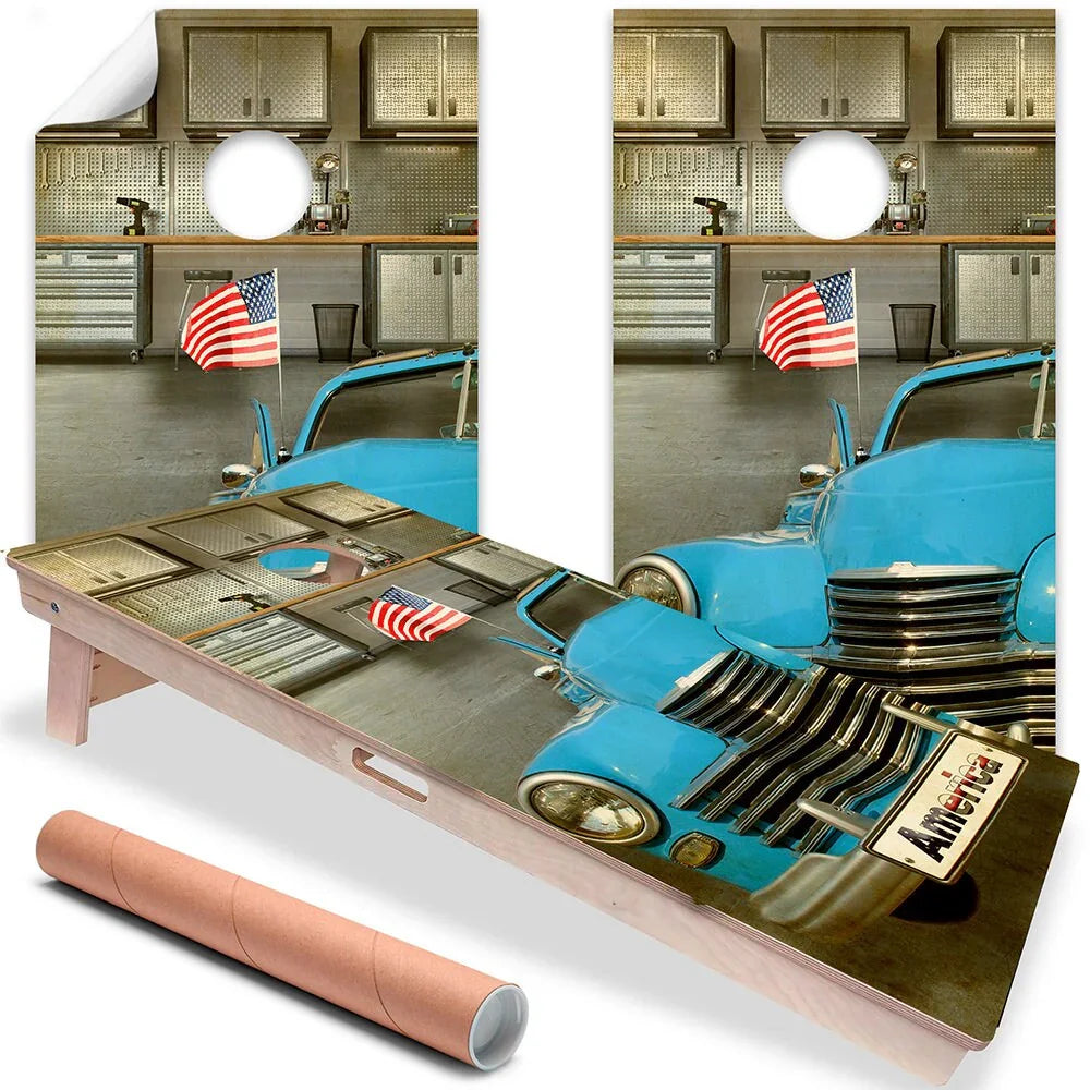 Blue Car - Cornhole Board Wrap - Set of 2 Lone Star Art