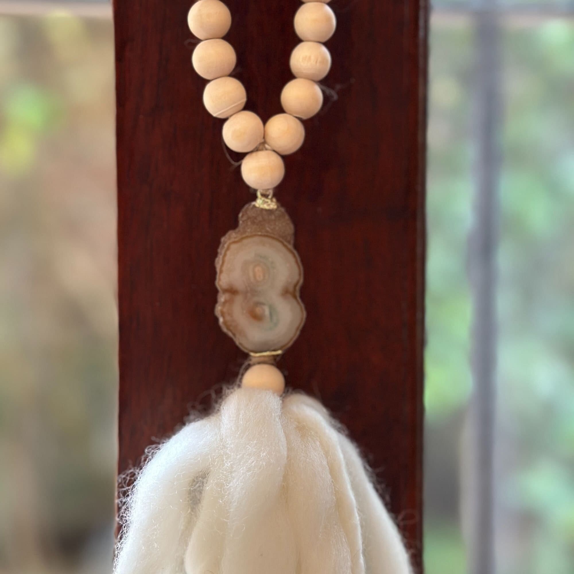 Beaded Garland with Tassels made from Merino Wool and Stalactite Crystal, One of a kind decor piece, Boho Beads for Coffee Table DeepPurpleProject