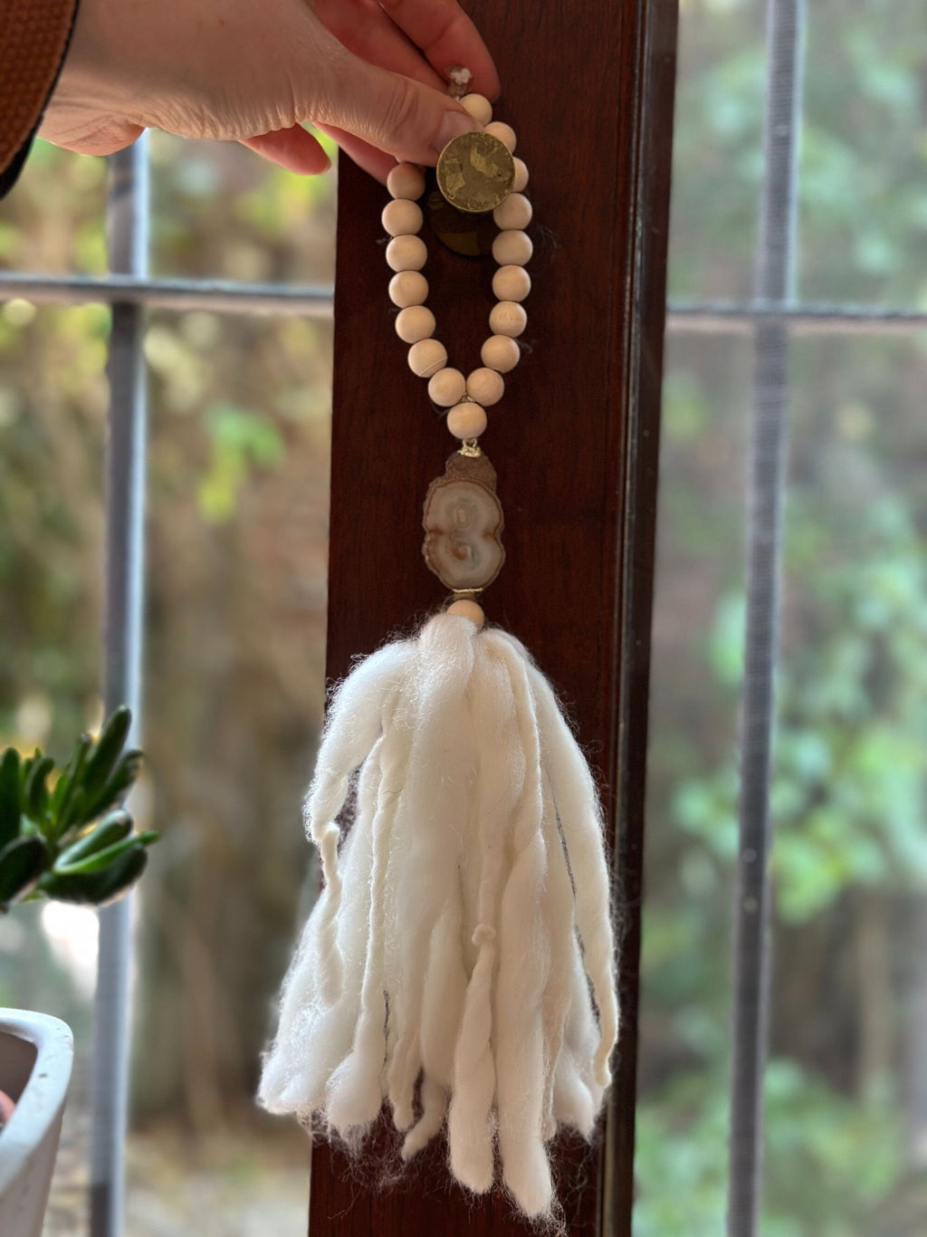 Beaded Garland with Tassels made from Merino Wool and Stalactite Crystal, One of a kind decor piece, Boho Beads for Coffee Table DeepPurpleProject