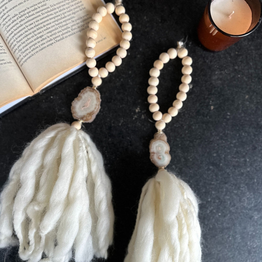 Beaded Garland with Tassels made from Merino Wool and Stalactite Crystal, One of a kind decor piece, Boho Beads for Coffee Table DeepPurpleProject