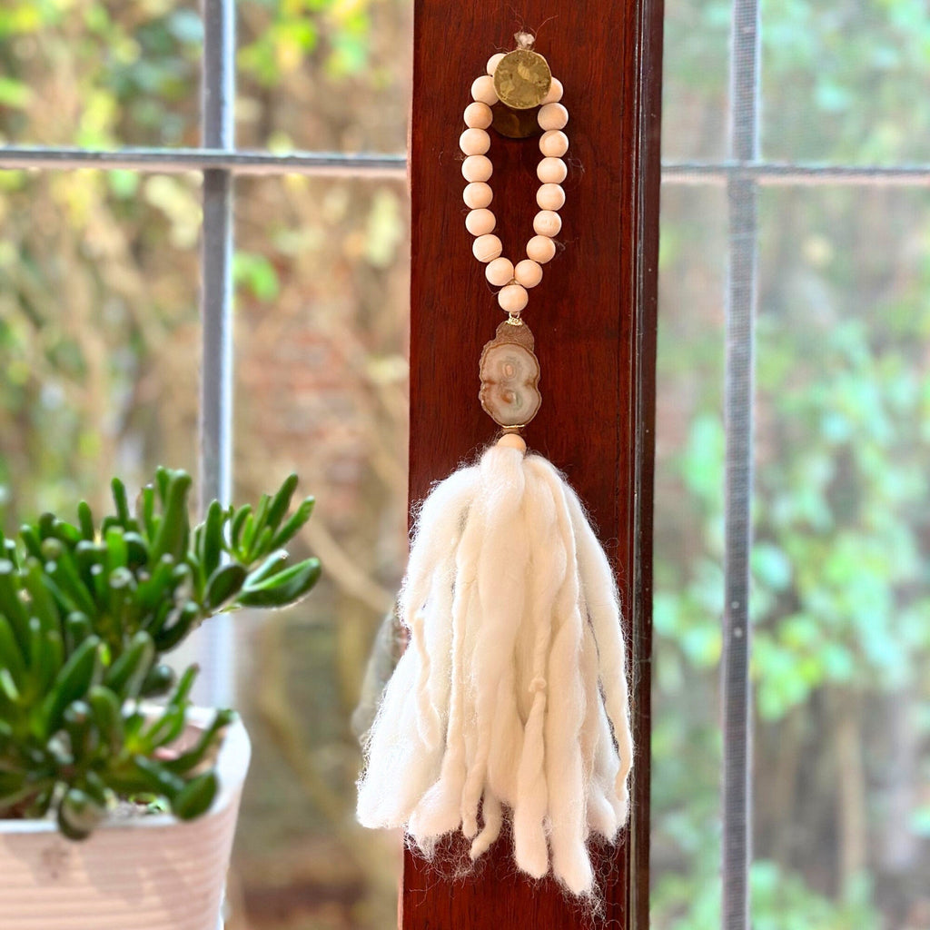 Beaded Garland with Tassels made from Merino Wool and Stalactite Crystal, One of a kind decor piece, Boho Beads for Coffee Table DeepPurpleProject