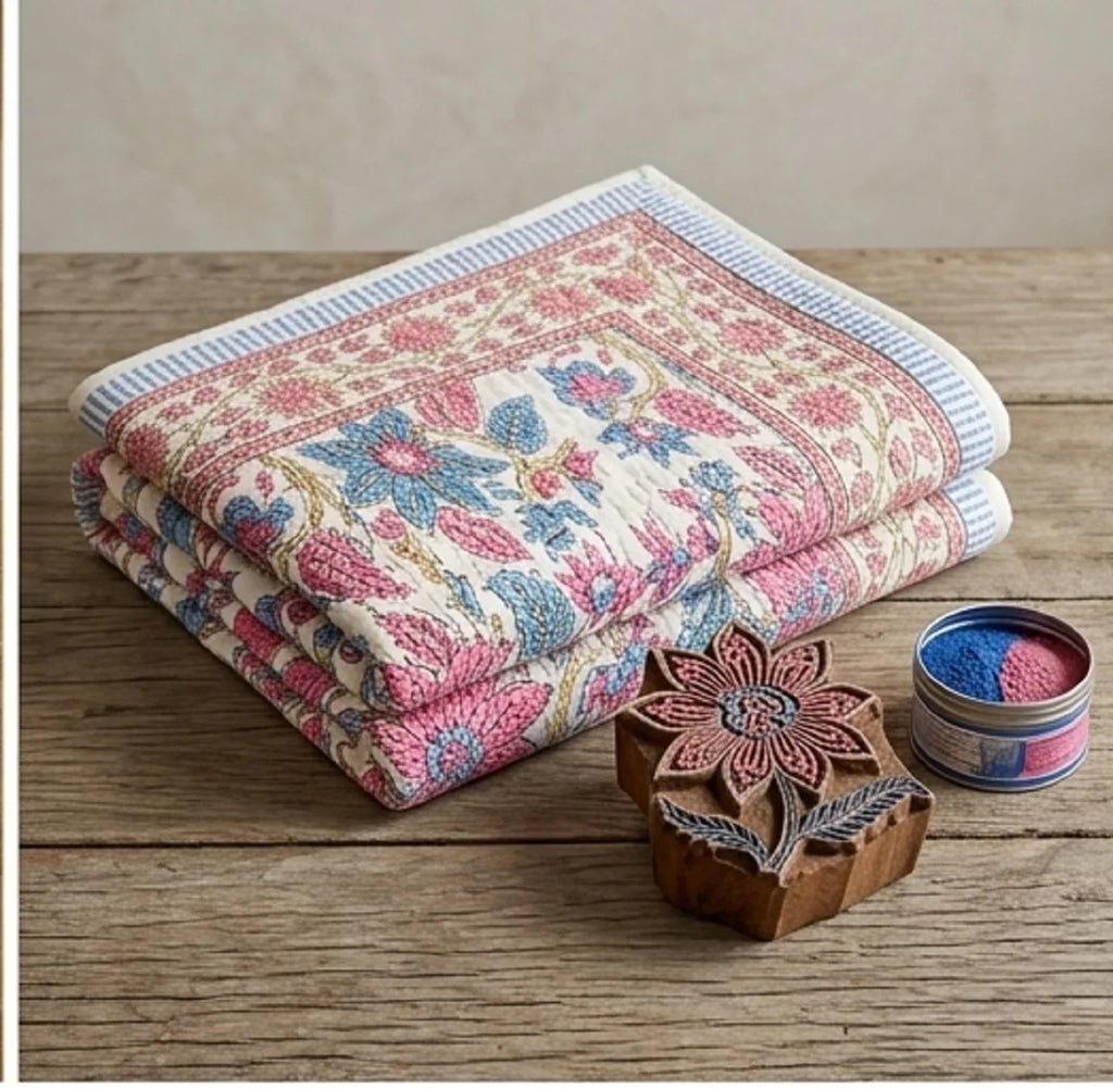 Cream & Rose Pink Dusty Blue Jaipur Indian hand block print floral quilted comforter | hand block printed muslin cotton quilt Jaipur India | Indian handicraft bedding | Sanganer floral comforter Queen King | artisan block print | House of Avana