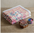 Cream & Rose Pink Dusty Blue Jaipur Indian hand block print floral quilted comforter | hand block printed muslin cotton quilt Jaipur India | Indian handicraft bedding | Sanganer floral comforter Queen King | artisan block print | House of Avana