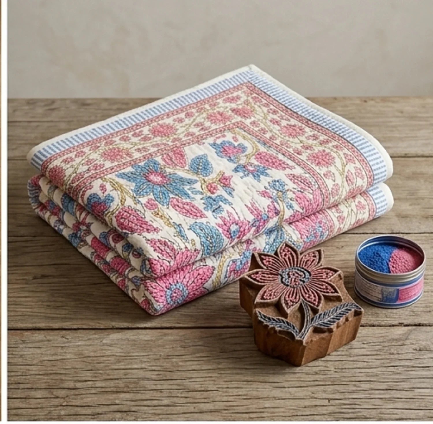 Cream & Rose Pink Dusty Blue Jaipur Indian hand block print floral quilted comforter | hand block printed muslin cotton quilt Jaipur India | Indian handicraft bedding | Sanganer floral comforter Queen King | artisan block print | House of Avana