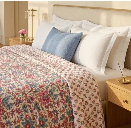 Cream & Rose Pink Dusty Blue Jaipur Indian hand block print floral quilted comforter | Jaipur Indian hand block print cotton muslin quilted comforter | Sanganer floral block print bedding | Queen King size quilt India | House of Avana