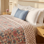 Cream & Rose Pink Dusty Blue Jaipur Indian hand block print floral quilted comforter | Jaipur Indian hand block print cotton muslin quilted comforter | Sanganer floral block print bedding | Queen King size quilt India | House of Avana [[SKU:HOA-COM-PKDB-004-Q]]