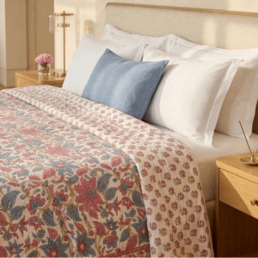 Cream & Rose Pink Dusty Blue Jaipur Indian hand block print floral quilted comforter | Jaipur Indian hand block print cotton muslin quilted comforter | Sanganer floral block print bedding | Queen King size quilt India | House of Avana [[SKU:HOA-COM-PKDB-004-Q]]