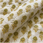 Cream & Mustard Yellow Jaipur Indian hand block print floral quilted comforter | Indian handicraft Jaipur hand block print cotton muslin comforter | floral quilted bedspread Sanganer | block print Queen King bedding India | House of Avana