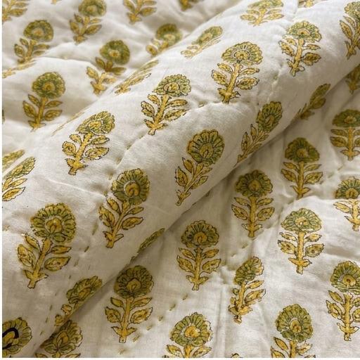 Cream & Mustard Yellow Jaipur Indian hand block print floral quilted comforter | Indian handicraft Jaipur hand block print cotton muslin comforter | floral quilted bedspread Sanganer | block print Queen King bedding India | House of Avana
