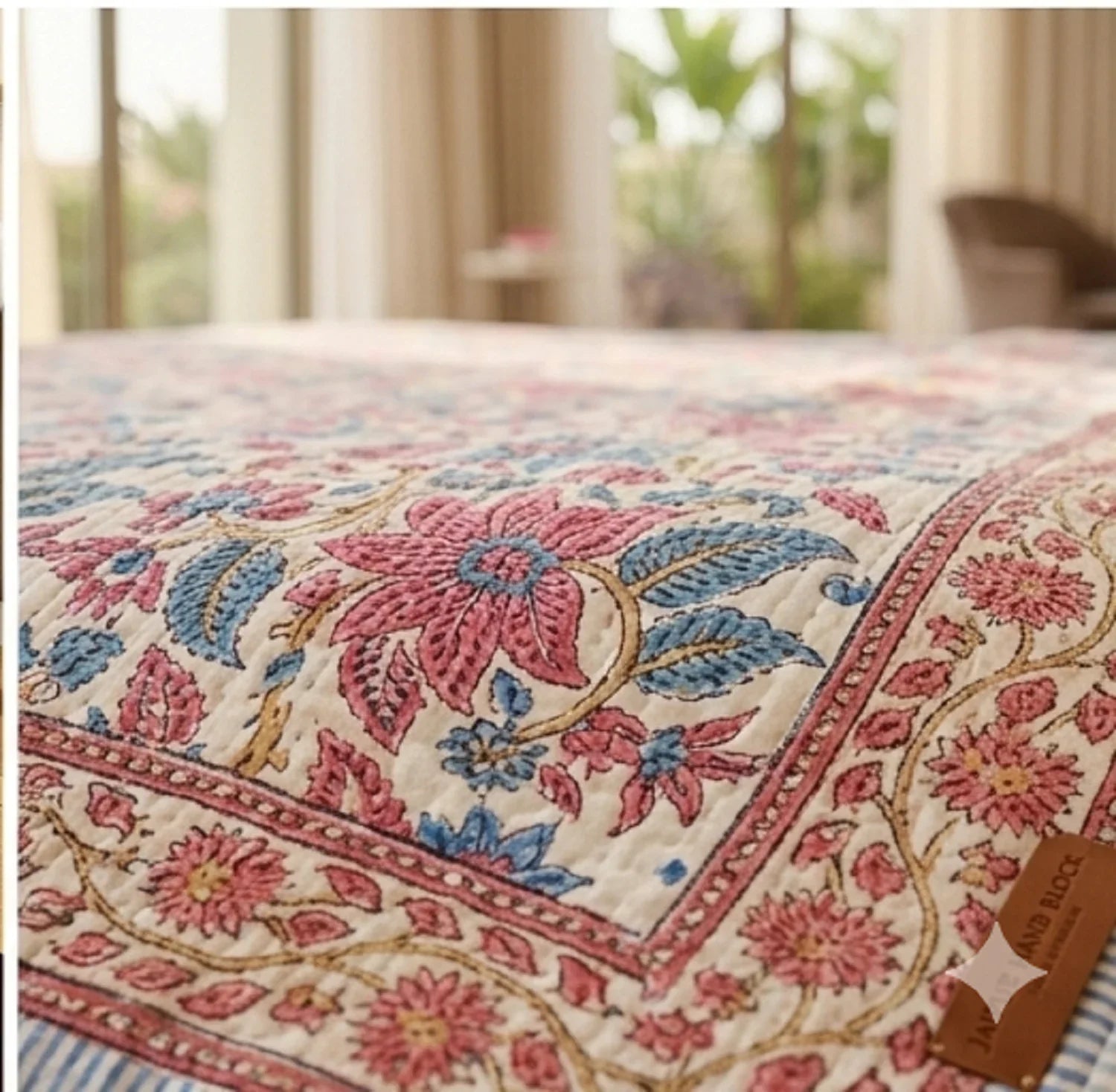 Cream & Rose Pink Dusty Blue Jaipur Indian hand block print floral quilted comforter | Indian handicraft Jaipur hand block print cotton muslin comforter | floral quilted bedspread Sanganer | block print Queen King bedding India | House of Avana